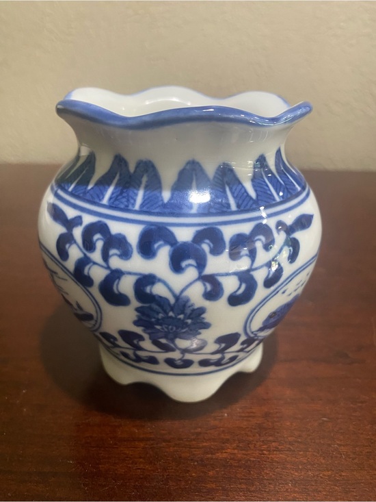 Other - Vintage, Cobalt Blue and White Small Round Vase with Scalloped Opening